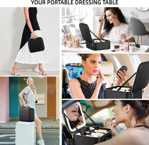 Makeup Bag with Mirror and Lights 3 Color, Travel Make up Bag Portable Lighted Makeup Case Organizer, Cosmetic Storage Case with 2-Layers Adjustable Dividers & 10X Magnifying Mirror(Black)