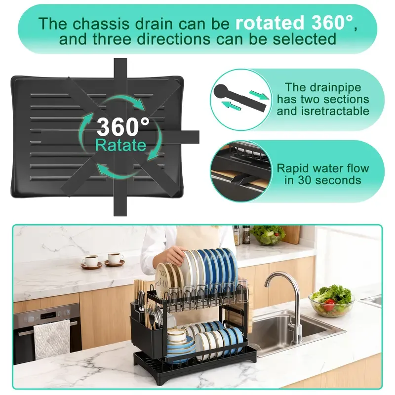 Bepatio Double-Layer Kitchen Countertop Drain Rack, Metal Material, with Drain Board, Can Hold Tableware, Carbon Steel Material, Kitchen Storage Rack