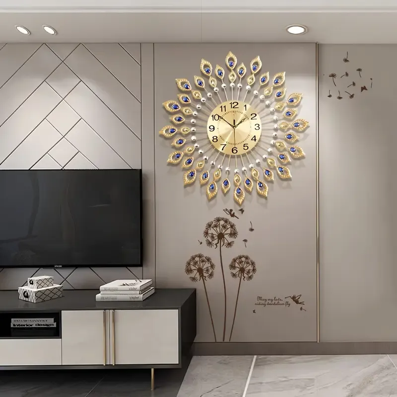 A living room clock with a peacock tail design,  modern minimalist style, and creative, silent operation. It's a personalized decorative quartz clock for home use