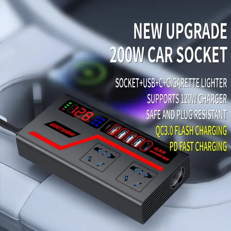 200W Car Inverter  DC12V 24V to 220V Power Converter with LED Display and 4 USB Fast Charging Ports