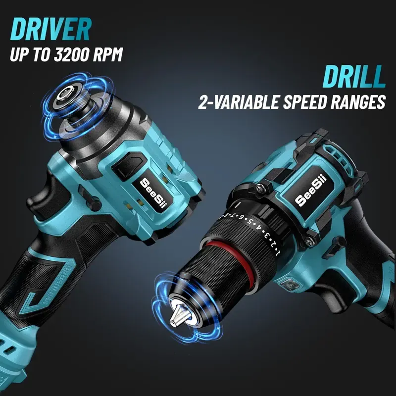 Seesii 3-8'' Brushless Cordless Drill and 1-4'' Impact Driver Combo Kit with 2 Batteries, 21V Max Electric Brushless Power Tool Set with Fast Charger, Black Friday Deals