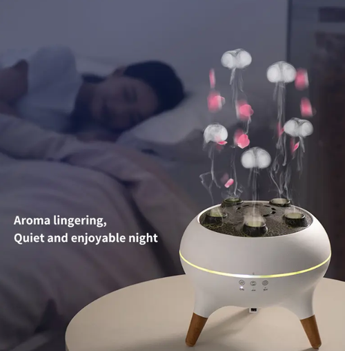 Flame & Mist-Ring Aromatherapy Humidifier — Wood-Grain Essential Oil Diffuser with Dynamic Jellyfish-Effect LED Lighting