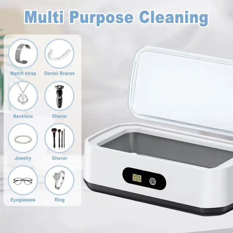 Ultrasonic Cleaner Machine 304 Stainless Steel Tank Sonic Cleaning Device for Eyeglasses Rings Watch Bands Dentures Retainers Coins Makeup Tools and Small Metal Parts Home and Travel Use