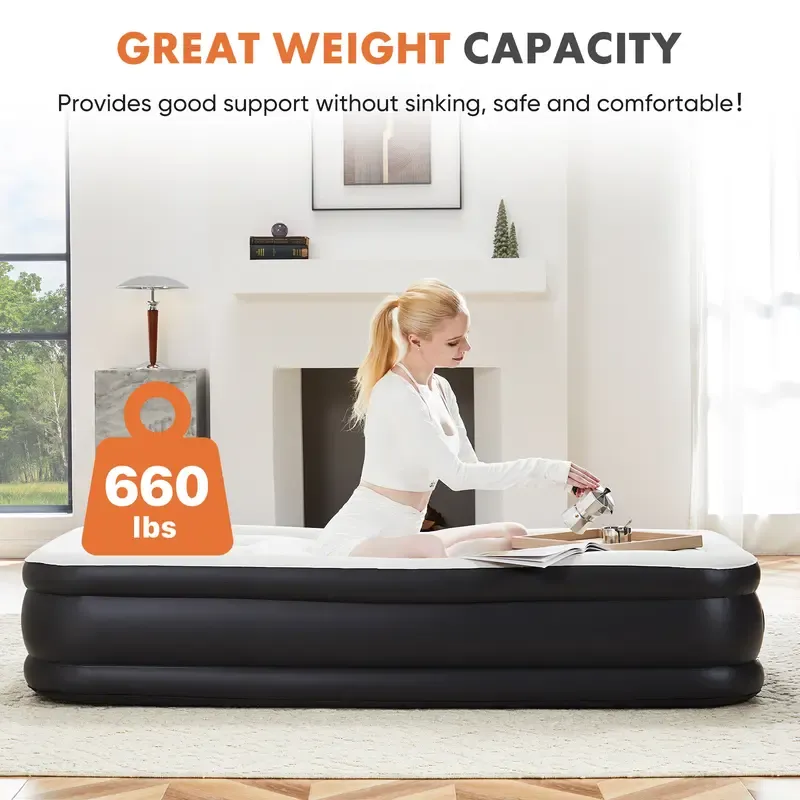 Air Mattress - Inflatable Blow Up Mattress Airbed with Built-in High Capacity Pump, Double Height, Adjustable, Non-Slip Bottom Design