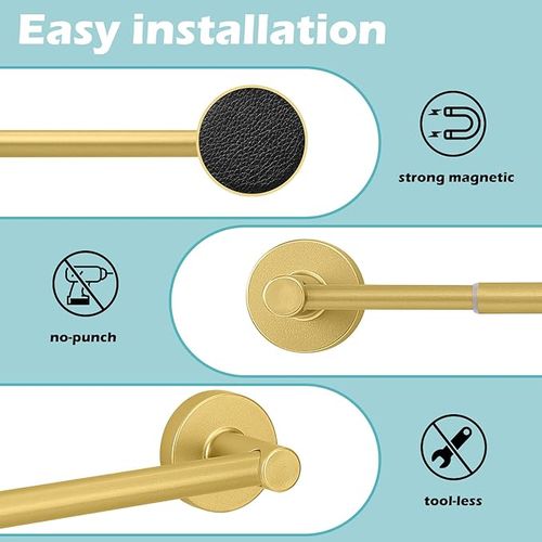 Gold Magnetic Curtain Rod for Door:Magnet Curtain Rods for Classroom Whiteboard,Small Adjustable Magnetic Towel Bar,Tool-Free French Magnet Pole with Leather Protective Cover No Drilling