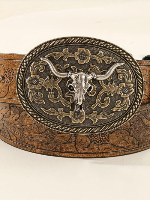 Western Cowboy Style Embossed PU Buckle Belt, Boho Style Animal Decor Belt for Men & Women, Fashion Accessories for Daily Wear, Western Concho Belts, Western Belt Buckles