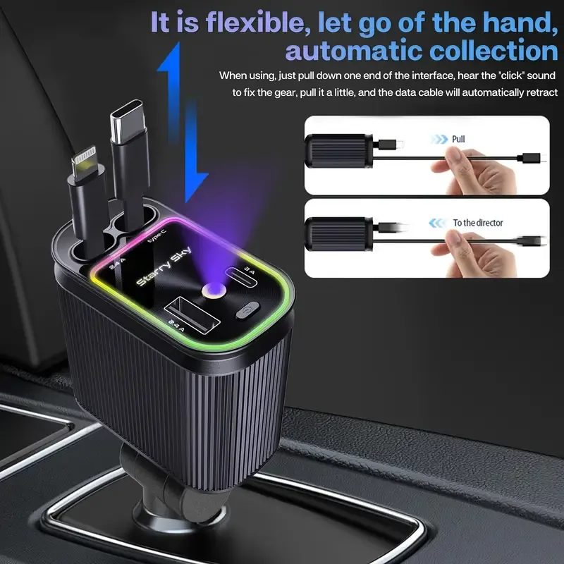 C9  120W Fast-Charging Car Charger with Built-in Retractable Cable