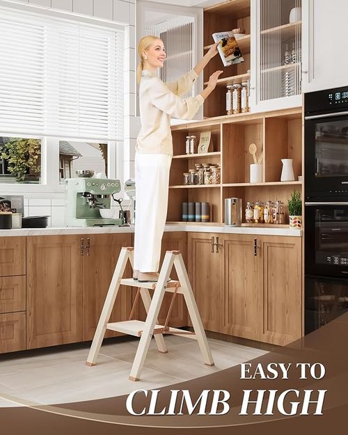 2 Step Ladder, Folding Step Stool with Wider Pedal, Anti-Slip Feet & Non Slip Stripes, Aluminum Sturdy Material, 300Lbs Capacity, Elegant Look of Cream Chocolate Better Matches Your Home