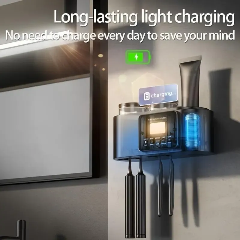 Wall Mount Toothbrush Holder with 2 Tooth Cups Smart Sterilizer Waterproof Durable Heat Resistant Odourless Modern Style Organizer Black Bathroom Accessory