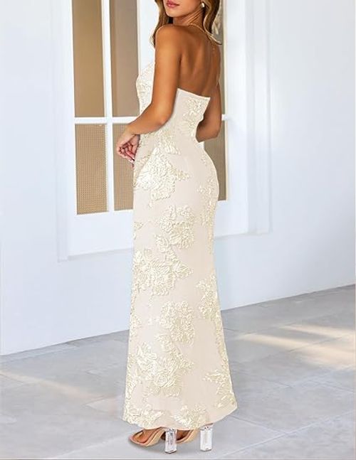 MEROKEETY Women's Floral Strapless Maxi Dress 2026 Summer Mesh Tube Bodycon Formal Wedding Guest Cocktail Party Long Dresses
