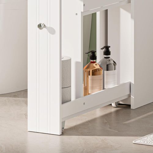 VonHaus Slim Bathroom Storage Unit - White Slimline Bathroom Cabinet - Narrow & Compact Bath Organiser with Drawer & Slide Out Shelving - Freestanding Shaker Style Storage - Holbrook