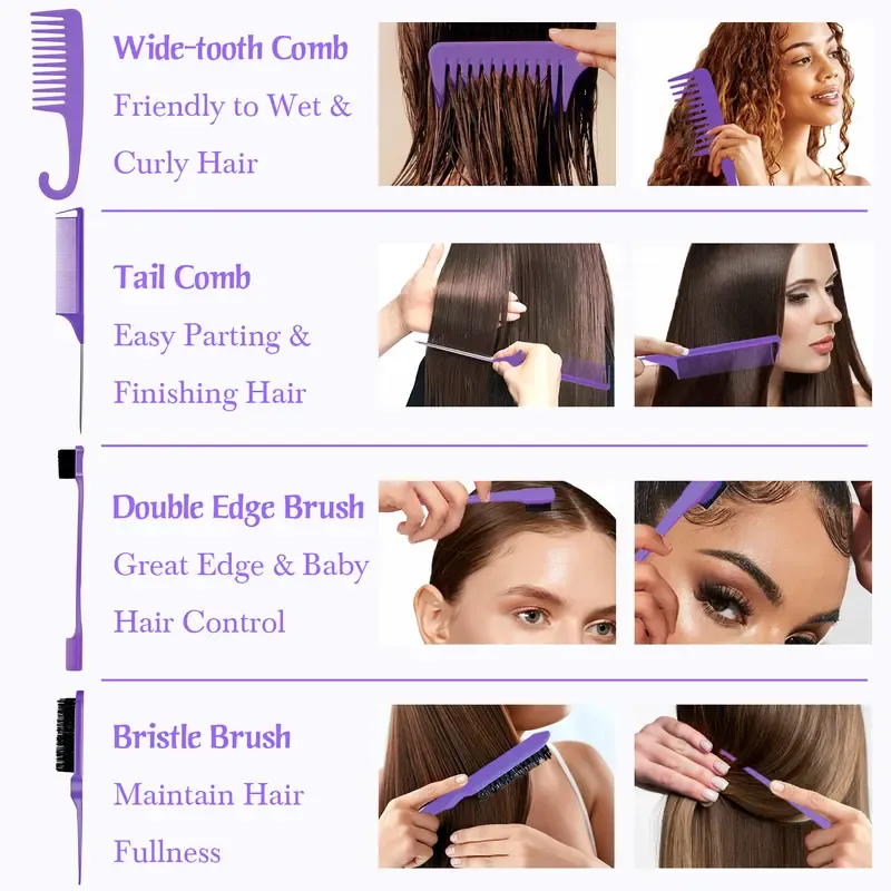 Purple 6-in-1 Hair Brush Set with Detangler & Combs for Straight Curly All Hair Types Wet Dry Adults Children 13 Counts Hair Care Kit