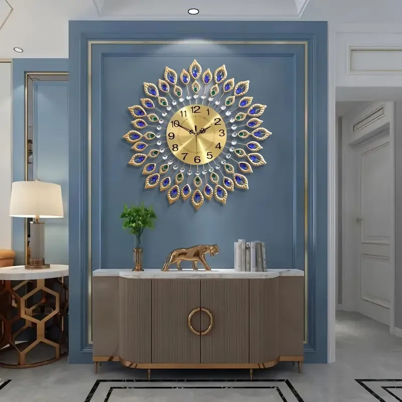 A living room clock with a peacock tail design,  modern minimalist style, and creative, silent operation. It's a personalized decorative quartz clock for home use