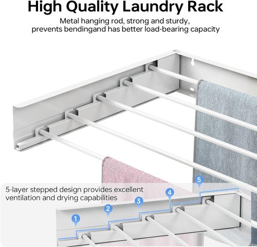SYKIARIOL Wall Mounted Clothes Airer, Retractable Clothes Drying Rack, 80cm x 40cm x 10cm Foldable Laundry Drying Rack, Wall Mounted Clothes Drying Rack with 5 Rods, Drying Rack for Towel, White