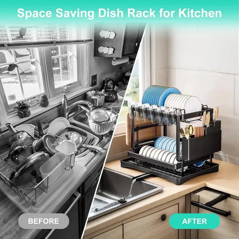 Bepatio Double-Layer Kitchen Countertop Drain Rack, Metal Material, with Drain Board, Can Hold Tableware, Carbon Steel Material, Kitchen Storage Rack