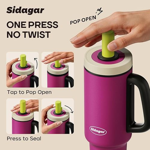 Tumbler with Handle,36 oz Ceramic Lined Travel Mug Water Bottle with Straw,Vacuum Insulated Stainless Steel Cup with Lid,Fits Cup Holder, Leak Resistant Press-in Lid, Purple