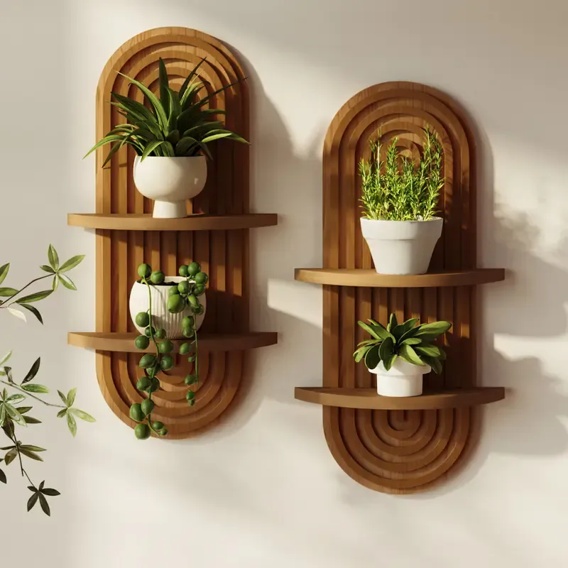 Bamworld Boho Wall Decor Brown Plant Wall Shelf, Mid Century Modern Decor Hanging Plant Shelf, 2-Tier Wooden Floating Shelves Shelving Unit for Home, Living Room, Office Holding Planter Decoration Wall decorations , Birthday gifts Bamboo Decorative