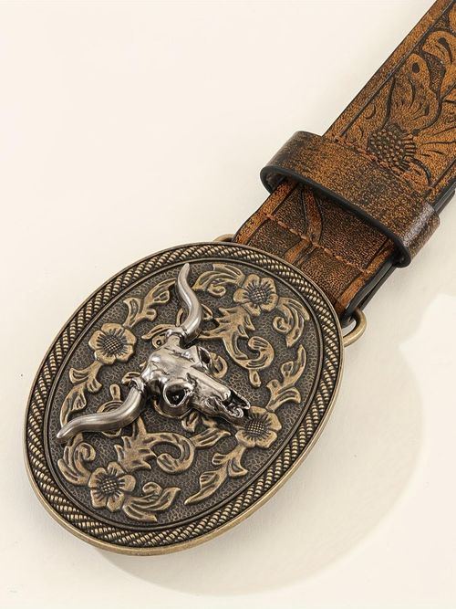Western Cowboy Style Embossed PU Buckle Belt, Boho Style Animal Decor Belt for Men & Women, Fashion Accessories for Daily Wear, Western Concho Belts, Western Belt Buckles