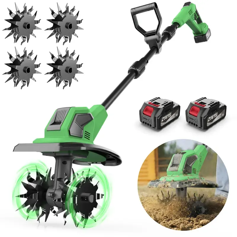21V Cordless Tiller (Soil Cultivator) — 9-Inch Portable Garden Rototiller, Includes Two 4.0Ah Batteries and Charger.270 RPM Speed, Adjustable Handle. Electric Cultivation Tool Suitable for Flowerbeds, Orchards, and Raised Garden Beds
