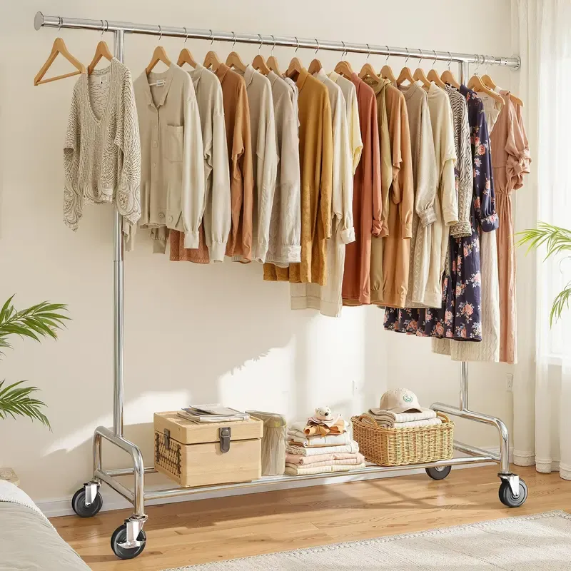 Raybee Clothes Rack for Hanging Clothing with Lockable Wheels,75 inches Extendable & Height Adjustable Coat Rack,Heavy Duty Clothes Racks Holds Up to 440LBS,Portable Rolling Garment Rack with 4 Hooks for Bedroom,Laundry Room,Commercial, Chrome