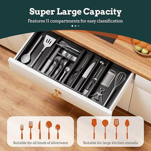 Silverware Organizer Large, Magnetic Connected Expandable 8 Slots Silverware Drawer Organizer from 12 to 20 Inches, Adjustable Flatware and Cutlery Holder, Bamboo Utensil Tray for Kitchen Black