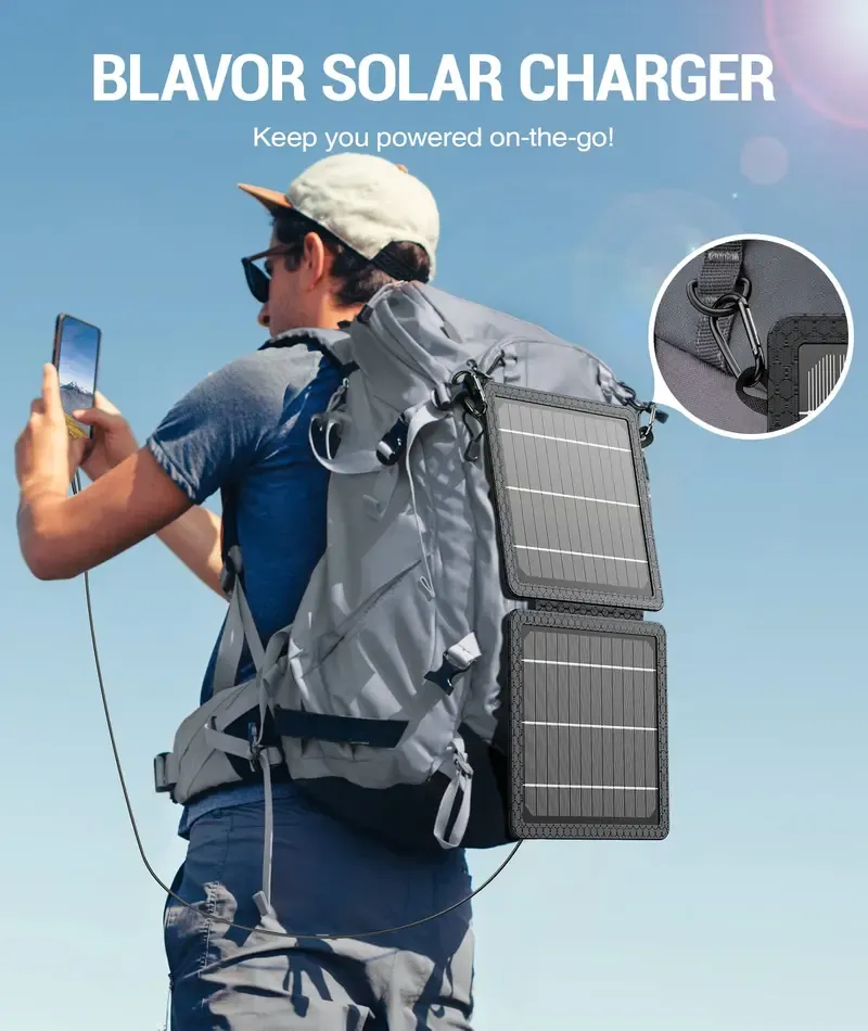 10W Solar Charger, IP65 Waterproof, Foldable with Dual USB Outputs (5V-2A Max) for iPhone, iPad, Samsung, and more. Ideal for outdoor use.