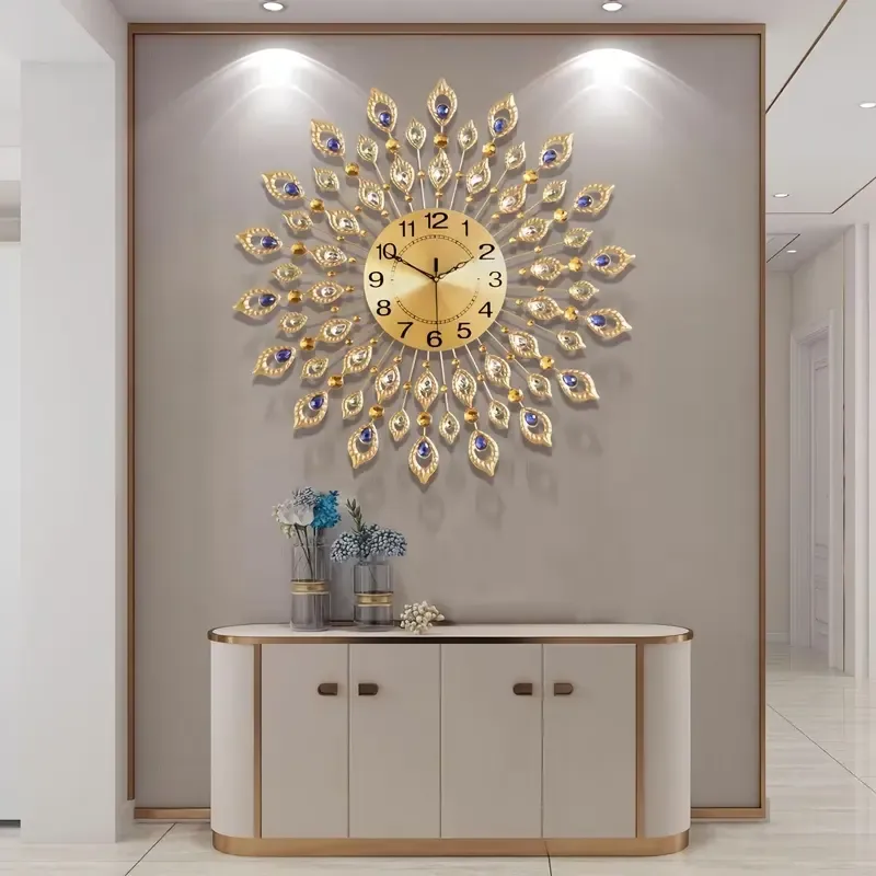 A living room clock with a peacock tail design,  modern minimalist style, and creative, silent operation. It's a personalized decorative quartz clock for home use