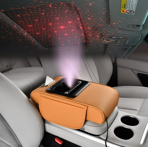 Multifunctional car armrest lift pad with starry sky ceiling design, charging function, six-in-one storage, cup holder, and tissue box.