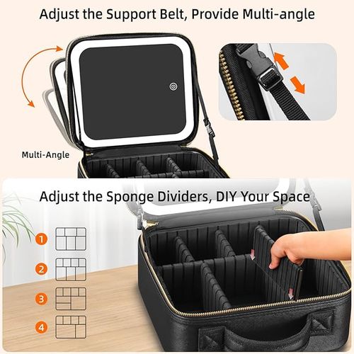 Makeup Bag with Mirror and Lights 3 Color, Travel Make up Bag Portable Lighted Makeup Case Organizer, Cosmetic Storage Case with 2-Layers Adjustable Dividers & 10X Magnifying Mirror(Black)