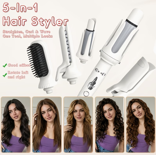 5in 1 Hair Curling Iron Set with 5 Interchangeable Heads, Crimped Waves, Hair Straightening Brush, Root Volumizing Crimper, 25mm & 32mm Curling Wand, Multi-Styler Hair Tool