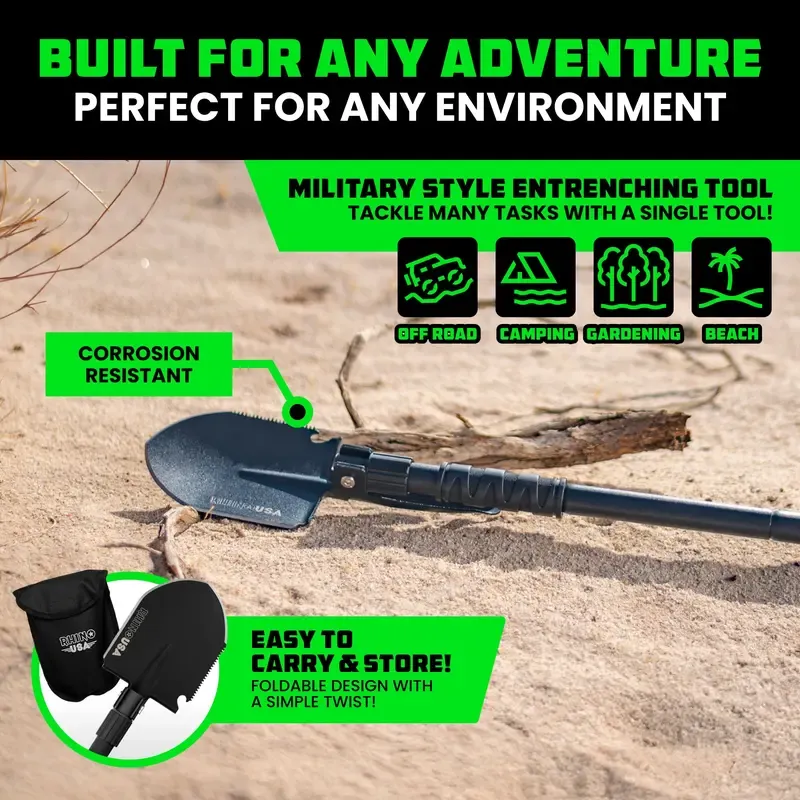 Rhino USA Survival Shovel w Pick Heavy Duty Carbon Steel Military Style Entrenching Tool for Offroad, Camping, Digging Dirt, Sand, Mud & Snow