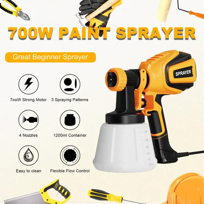 VONFORN Paint Sprayer, 700W HVLP Paint Sprayer with Cleaning & Blowing Joints, 4 Nozzles and 3 Patterns, Easy to Clean, for Furniture, Cabinets, Fence, Walls, Door, Garden Chairs etc. VF803