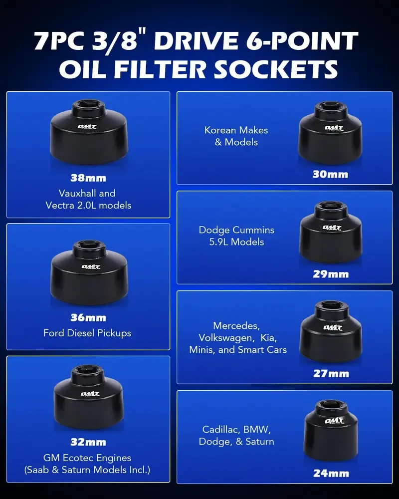 Orion Motor Tech Oil Filter Wrench Socket Set 10pc  Drive Low Profile, Oil Filter Cap Remove and Install Tool Kit,24mm,27mm, 29mm, 30mm, 32mm, 36mm, 38mm CR-V Compatible with Toyota VW BMW Mercedes, Automotive Maintenance ​