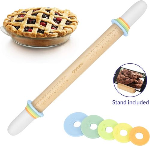 Geesta Adjustable Wood Rolling Pin with 5 Thickness Rings, Precise Dough Roller Handle Press Design with Measurement Guide for Baking Fondant, Pie Crust, Cookie, Pastry - Baking Essential