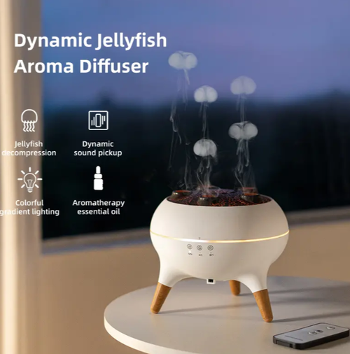 Flame & Mist-Ring Aromatherapy Humidifier — Wood-Grain Essential Oil Diffuser with Dynamic Jellyfish-Effect LED Lighting