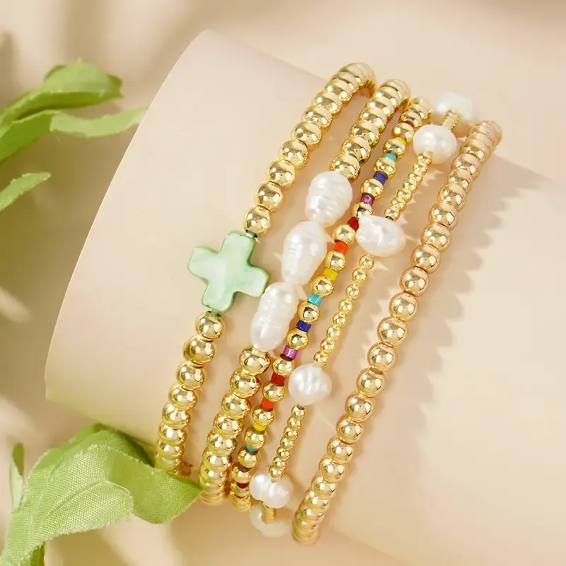 Shinus Boho Gold Plated Pearl Beaded Cross Bracelets Stack Set for Women Stretch Boho Colorful Christian Beads Ball Jewelry Friendship Trendy Gift for her