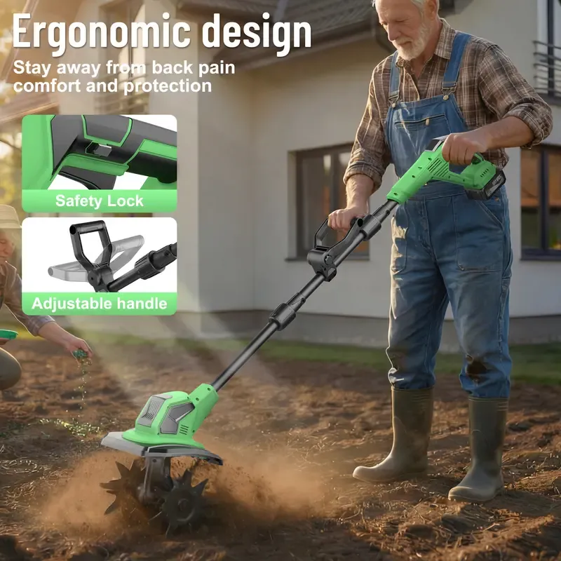 21V Cordless Tiller (Soil Cultivator) — 9-Inch Portable Garden Rototiller, Includes Two 4.0Ah Batteries and Charger.270 RPM Speed, Adjustable Handle. Electric Cultivation Tool Suitable for Flowerbeds, Orchards, and Raised Garden Beds