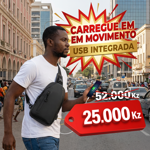 🔥 Bolsa Masculina Moderna com USB — Promoção Especia— 25.000 Kz🚫 Apenas 30 unidades 📦 Entrega grátis— Pague só ao receber