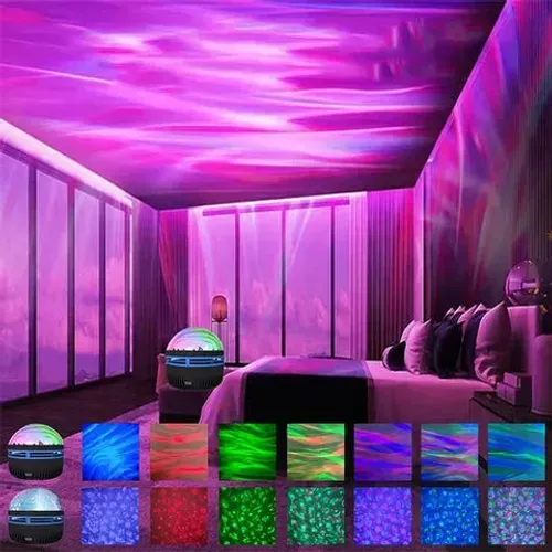 Projetor 2 em 1 Aurora Boreal e Ondas do Oceano - Luz Noturna Relaxante com Música e Som! 🌌🎵🌊14 Cores, Sincroniza com Música! ✨🎶✨ Crie Ambiente Romântico e Divertido 💕