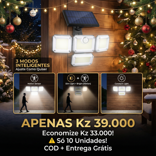 ⚠️☀️Luanda 💡 | Lâmpada Solar de Parede 🔄 com 4 Cabeças — Sem Fios ❌🧵, À Prova de Chuva 🌧️, Super Brilhante 🔆, Ideal para Quintal e Portão 🔒🏡