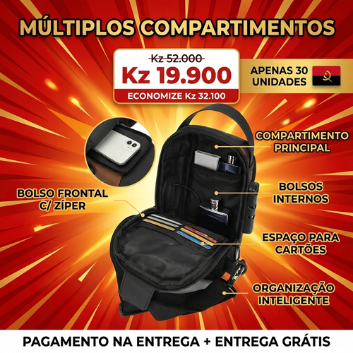 🚨🔥🇦🇴 PROMOÇÃO ESPECIAL LUANDA!—🔒🛡️Bolsa Peitoral Masculina com Cadeado + Porta USB 🔋⚡—📱💼Grande Capacidade para Telemóvel e Acessórios—🕶️Design Moderno e Antifurto—🚶‍♂️Perfeita para Trabalho, Passeio e Dia a Dia— Entrega Grátis + COD! 🚚