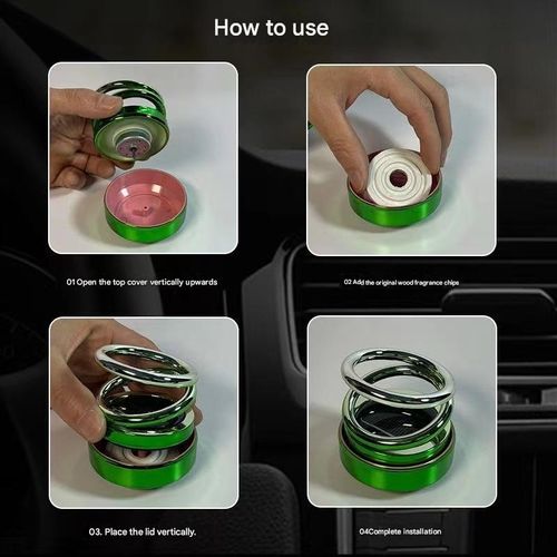 Solar-powered double-ring suspended rotating aromatherapy car air freshener with gradient lighting, long-lasting subtle fragrance, and decorative car interior ornament.