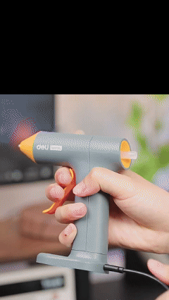 Deli Cordless Lithium-ion Hot Glue Gun, ideal for home use, features anti-stick and anti-leak design, automatic sleep mode, and includes 10 glue sticks.