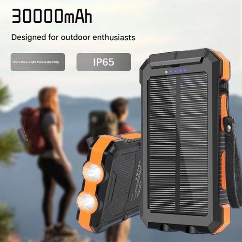 Solar-powered portable power bank with flashlight and compass