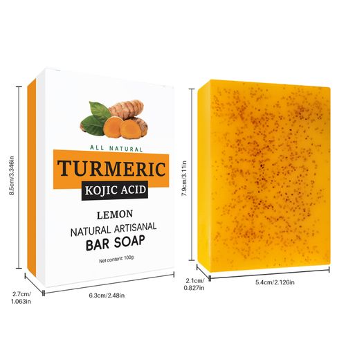 Turmeric soap with exfoliating particles and kojic acid: moisturizes and brightens the skin.