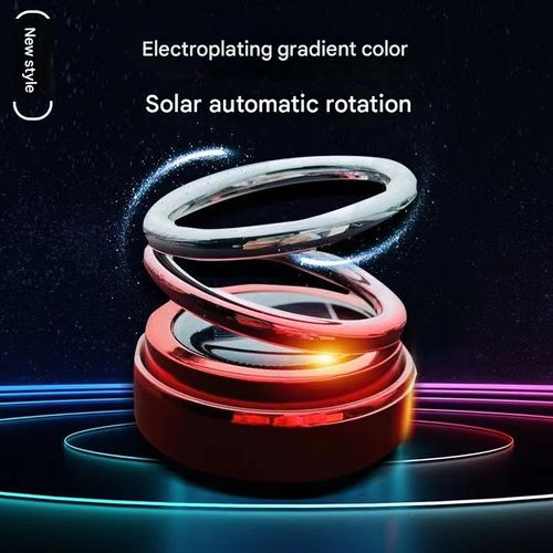 Solar-powered double-ring suspended rotating aromatherapy car air freshener with gradient lighting, long-lasting subtle fragrance, and decorative car interior ornament.