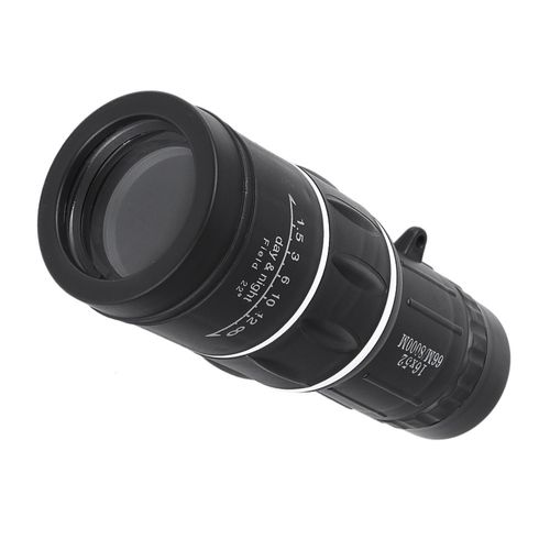 Portable high-magnification monocular telescope with night vision capabilities.  Order now and receive free glass lenses, lanyard, cleaning cloth, carrying case, universal phone clip, and metal extendable tripod (with green coated lenses).