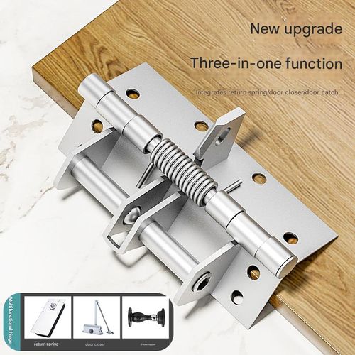 Multi-functional door closer with automatic rebound hinge, 4-inch buffer device, spring-loaded invisible hinge, and 90-degree right-angle positioning.