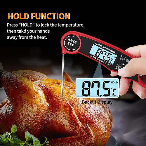 Digital folding waterproof kitchen food thermometer, baking and water temperature gauge, outdoor barbecue and meat thermometer with built-in battery.