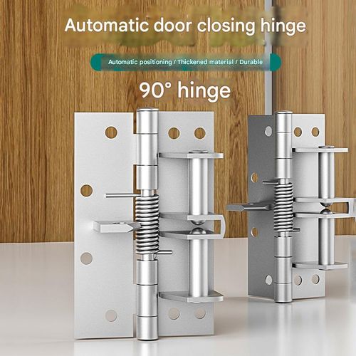 Multi-functional door closer with automatic rebound hinge, 4-inch buffer device, spring-loaded invisible hinge, and 90-degree right-angle positioning.